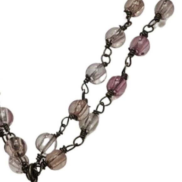 Vintage Purple Tear Drop Pendant Double Strand Beaded Chain Women’s Necklace 18” - Picture 5 of 7
